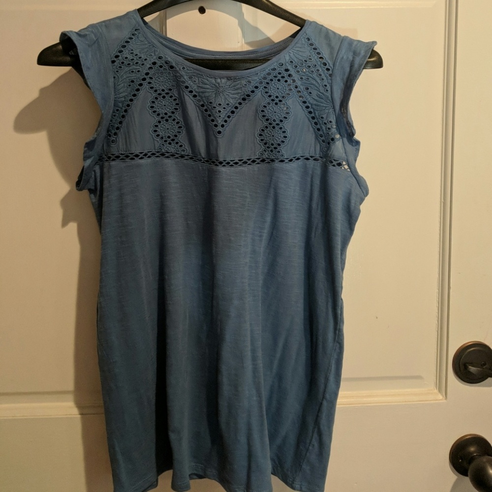 Loft blue tee with flutter sleeve & eyelet detail